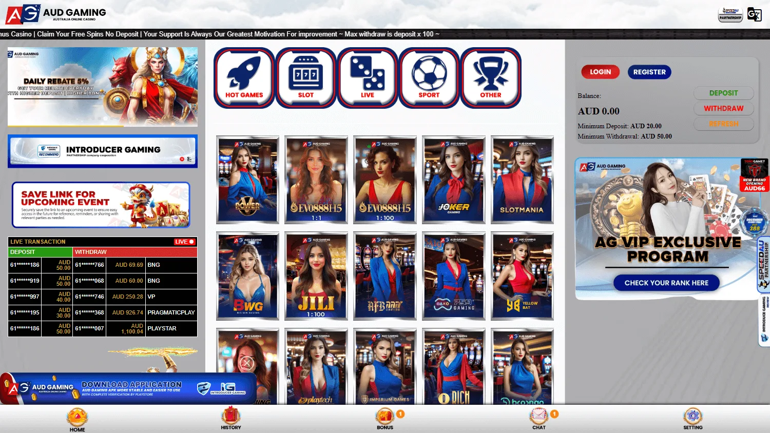 AUD Gaming Casino home page on desktop