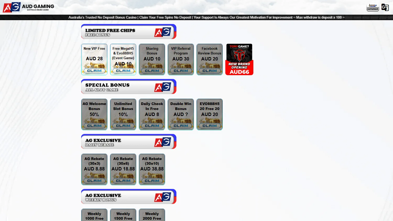 AUD Gaming Casino promotions page on desktop